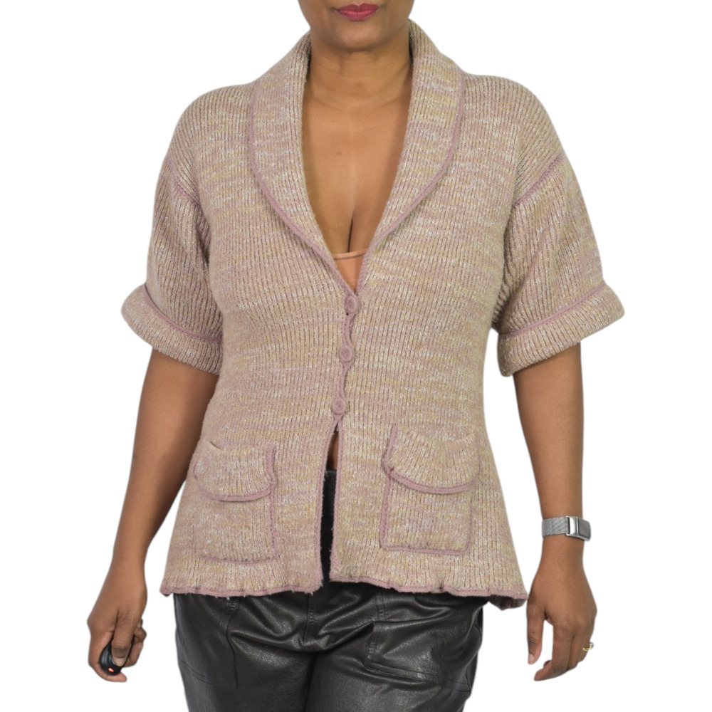 Vintage Huk A Poo Cardigan Sweater Tan Short Sleeve Knit Shawl Collar 70s Large